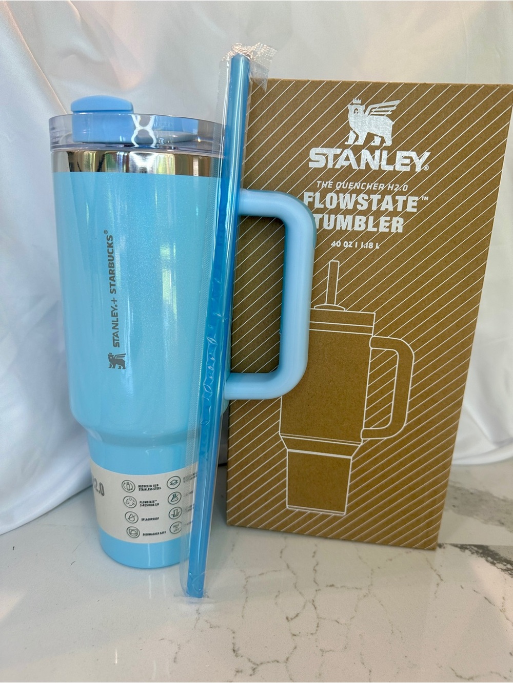 Starbucks x Stanley Quencher H2.0 40oz Baby Blue Shimmer Tumbler NWT